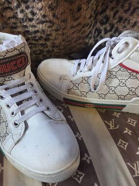 Gucci White Leather & Beige GG Canvas High-Top Sneakers with Red and Green Trim